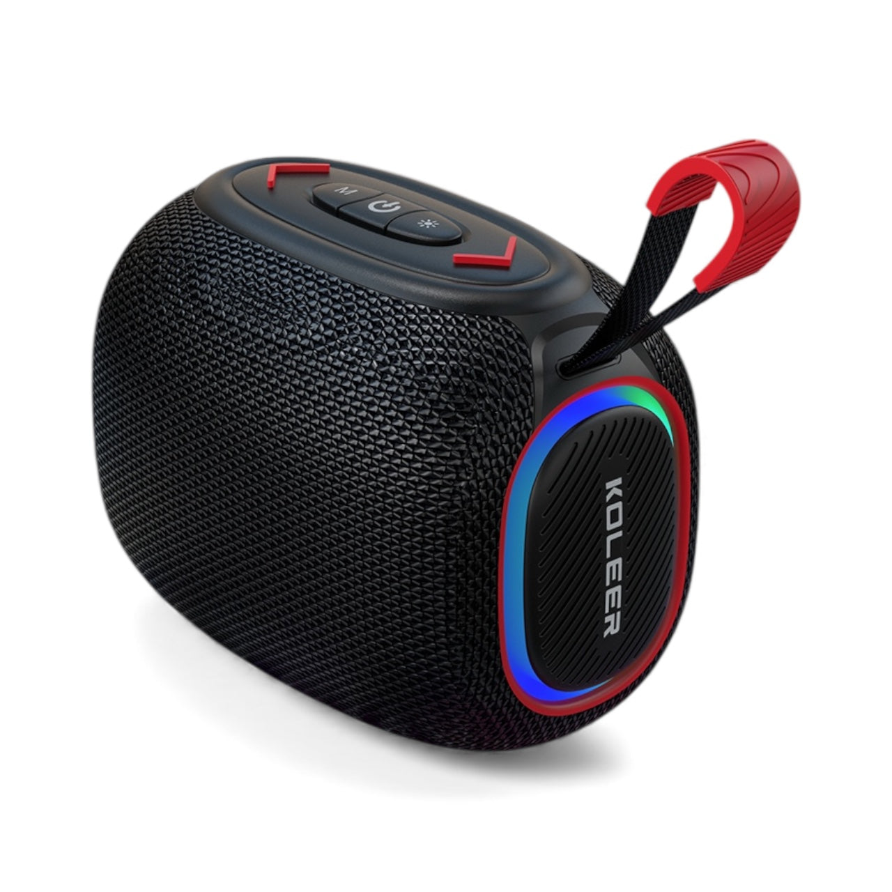 Black portable speaker with red accents , BLUETOOTH, LOUD SOUND, SMALL SIZE